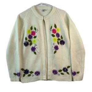 Vintage 70s Miss Holly Womens Cardigan Large‎ Flowers Cottagecore Flowers Knit